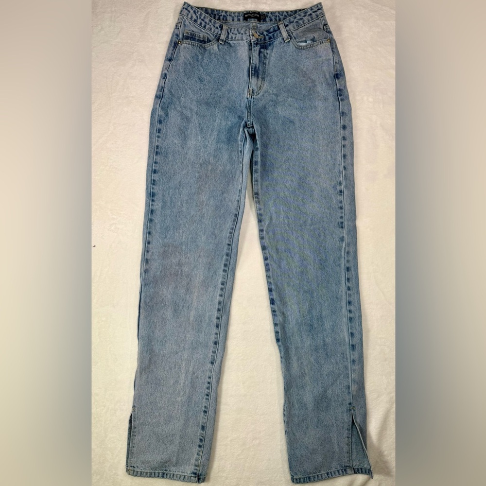 PrettyLittleThing Split Hem Jeans Sz 10 Tall Light Wash Trendy Read Description